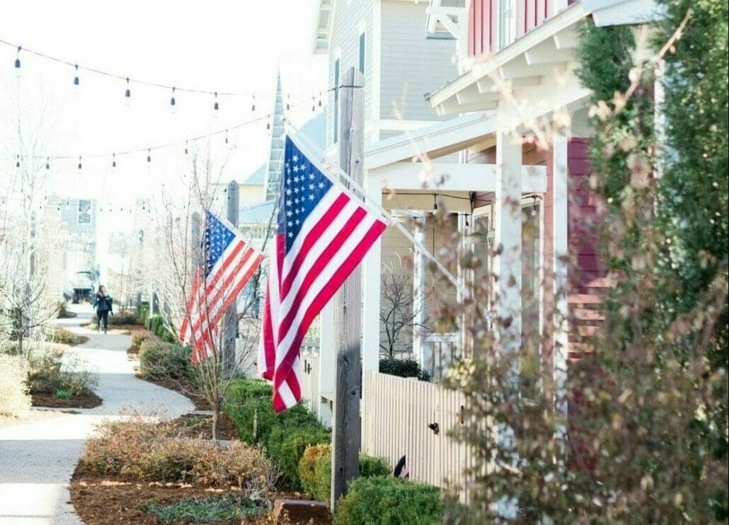 porch fronts with flags